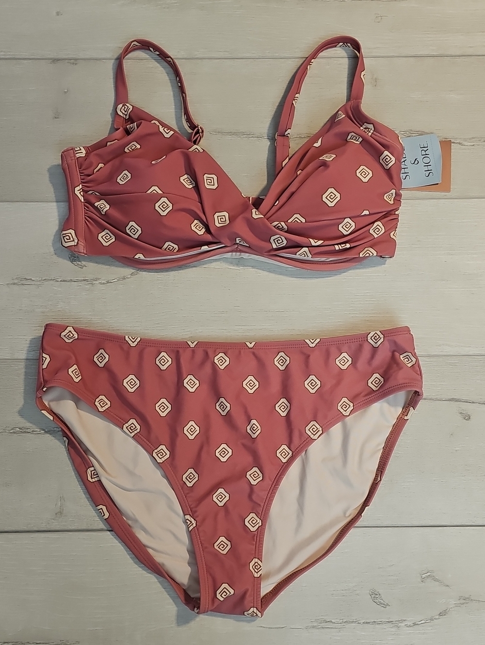 Shade & Shore Women's Mauve Geo Print Bikini Set with 38DD Top & Large Bottoms